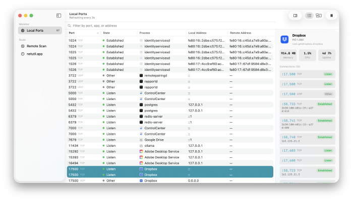 Portie showing all open local ports with process details