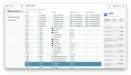 Tabla de monitoreo de puertos en tiempo real de Portie